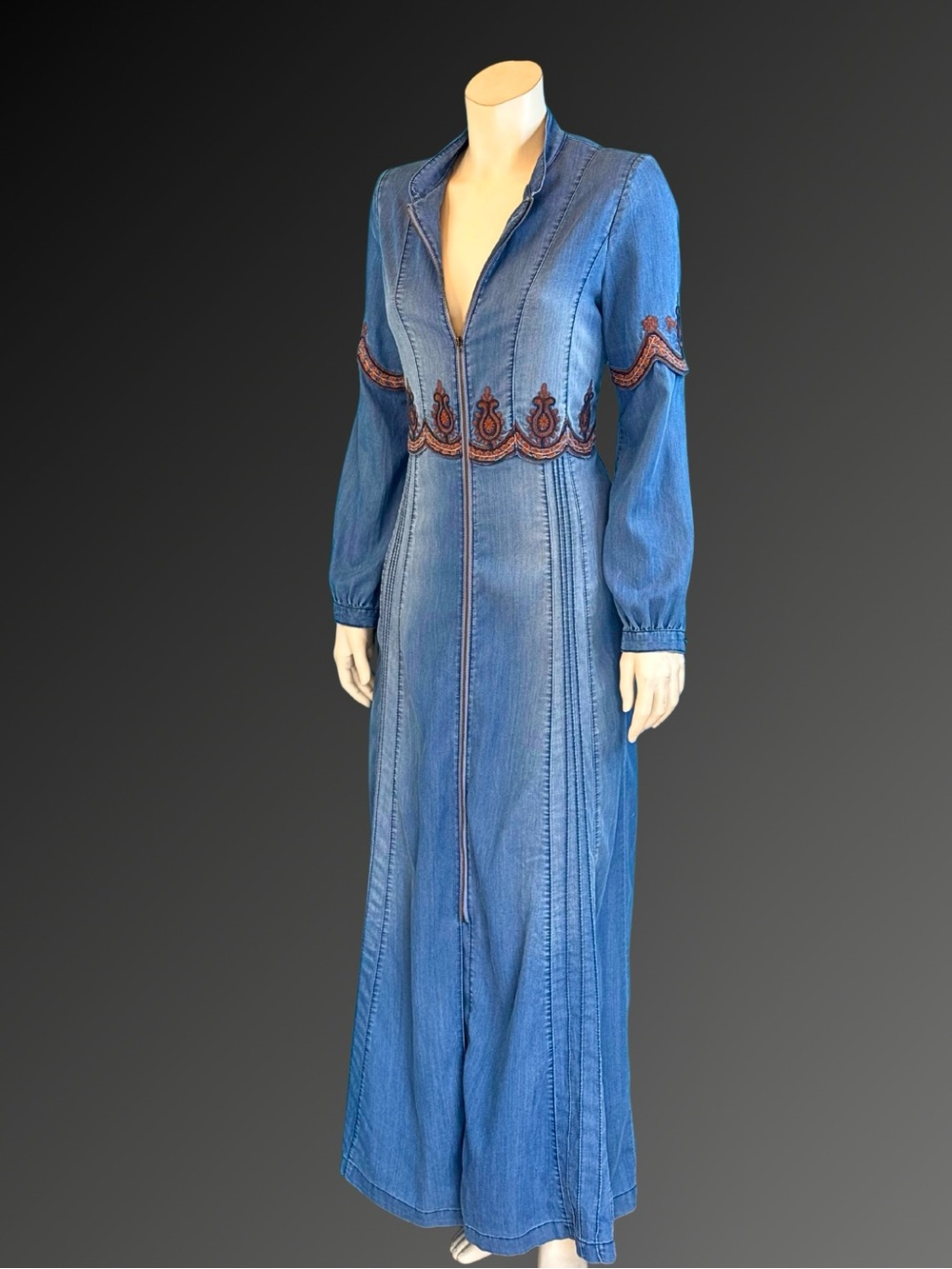 Vintage Y2K Denim Embroidered Boho Maxi Duster or Coat Dress | S M - Picture 11 of 16